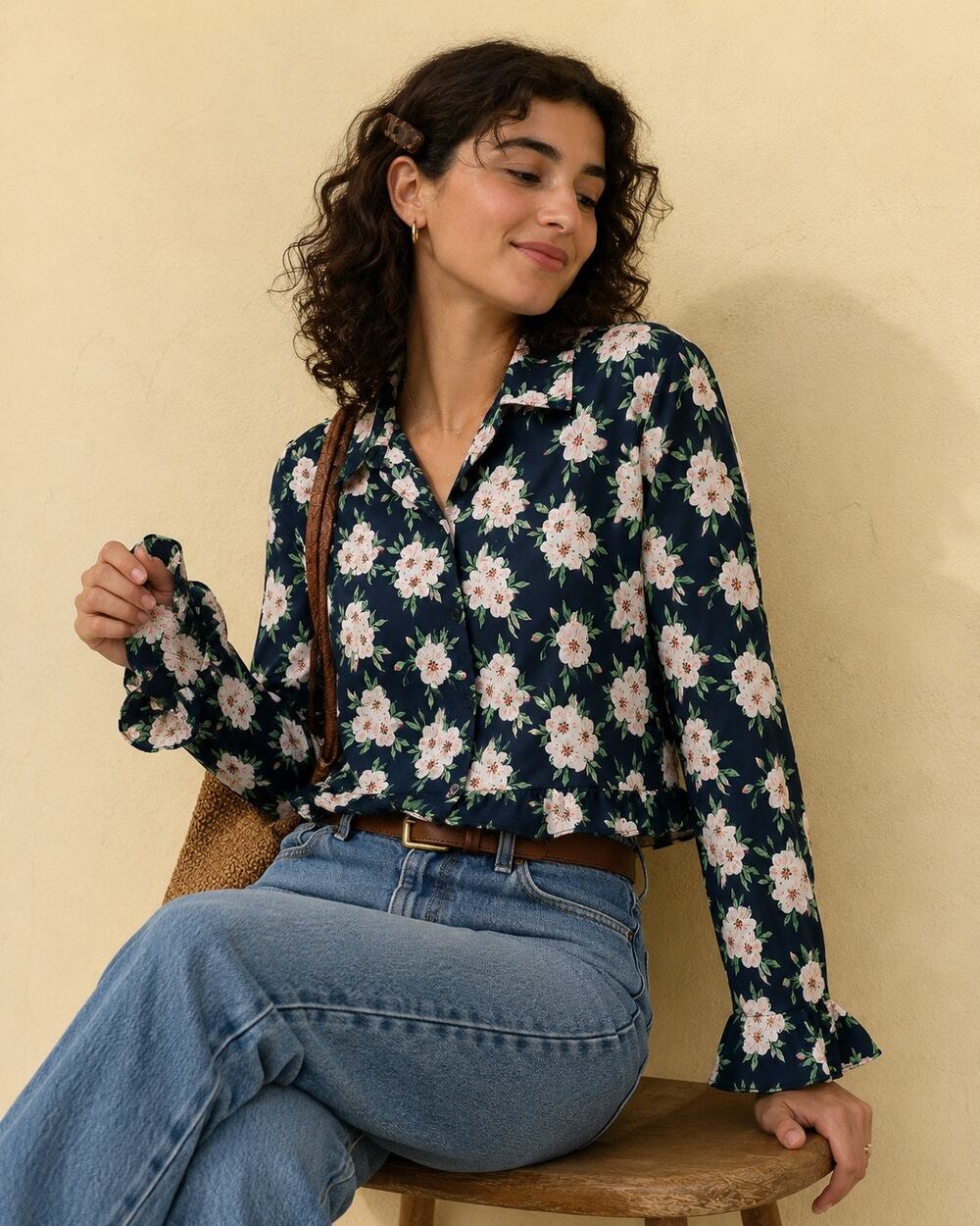 ASOS Dark Floral Coquette Ruffle Hem Button Down Blouse Size 12